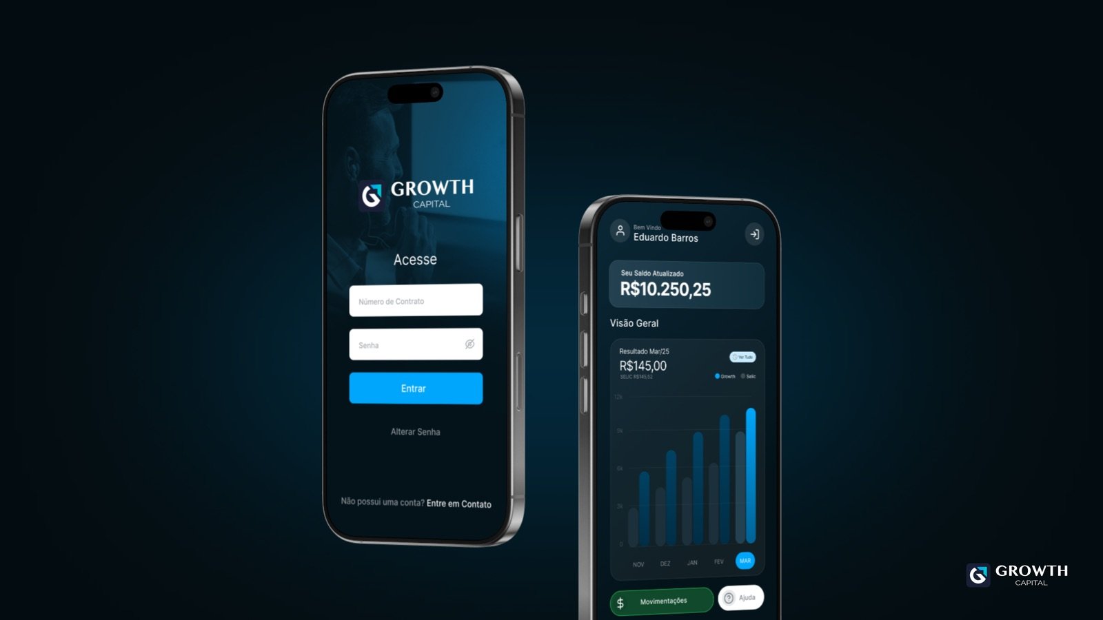 Telas do aplicativo Growth Capital: acesso por número de contrato e visão geral com saldo e rendimento mensal
